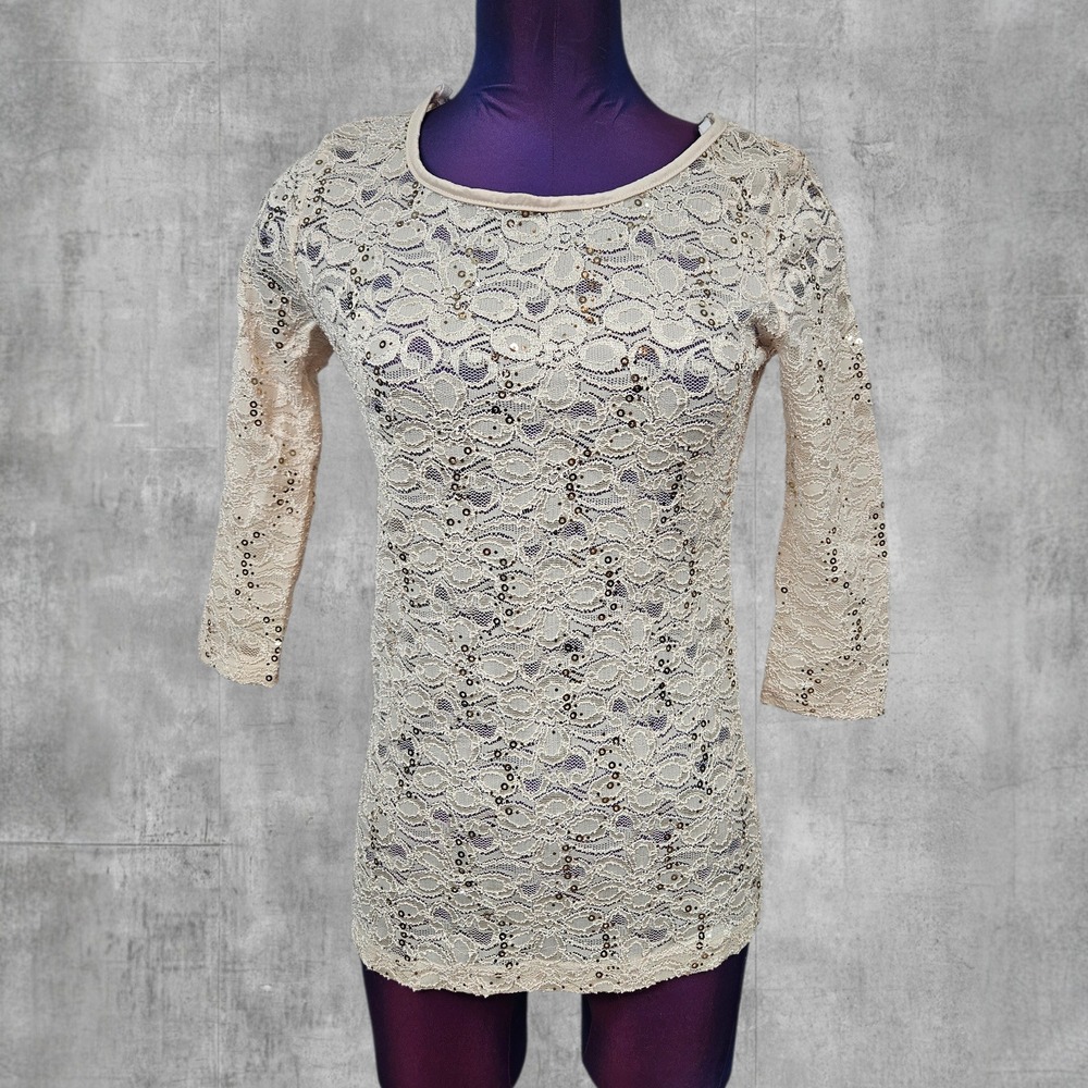 Vintage Deb Womens Lace Sequin Scoop Neck Top Cream Fairy Size Medium
